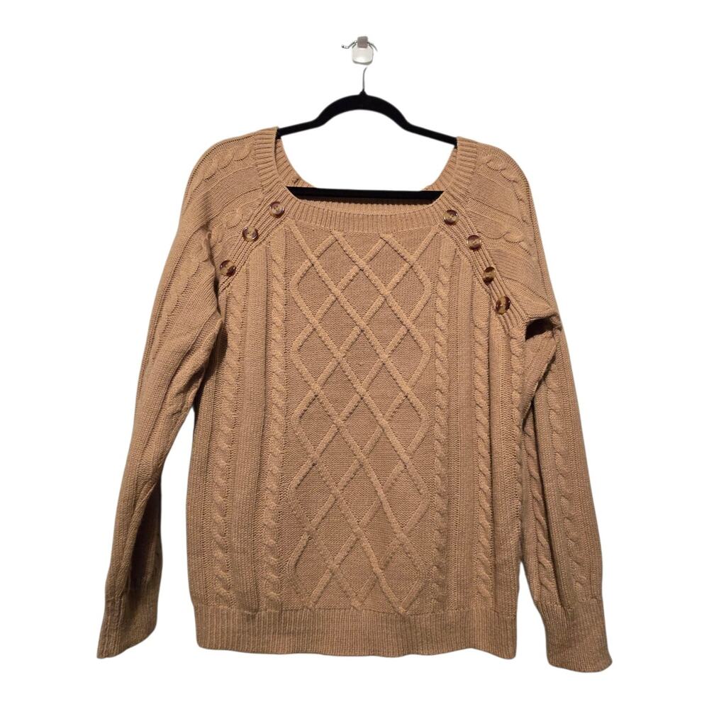 Fisherman‎ Cable Knit Sweater Women's MED Tan Preppy Buttons Soft Cozy Classic